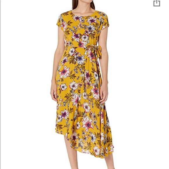 Donna Morgan Side‎ Twist Asymmetrical Hem goldenrod Floral dress size 12 NWT - Picture 1 of 12